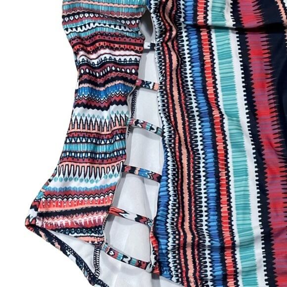 Blue Multi Color Print Cutout Swimsuit‎ Bathing Suit Removable Strap XL - Picture 6 of 9